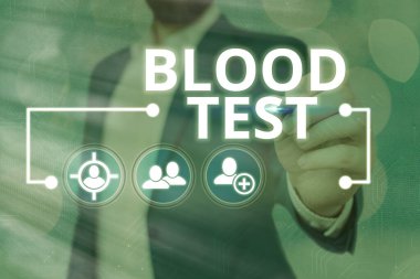 Kelime yazma Kan Testi. Bir organizmadan alınan kan örneği için iş konsepti bir laboratuvar analizini mükemmelleştirmek Dijital teknoloji ağ bağlantısı bilgisel öğeler simgesi.
