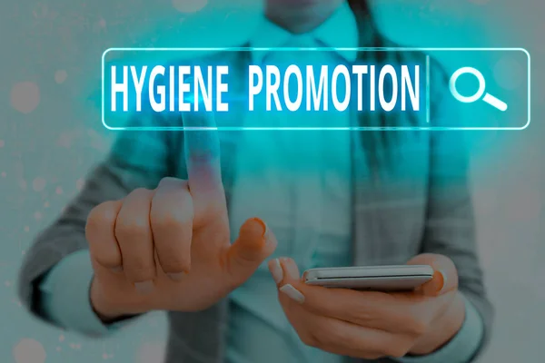 Word writing text Hygiene Promotion. Geschäftskonzept für systematisches Programm zur Verhinderung verwandter Krankheiten mit sanitären Einrichtungen Web-Suche digitale Information futuristische Technologie Netzwerkverbindung. — Stockfoto