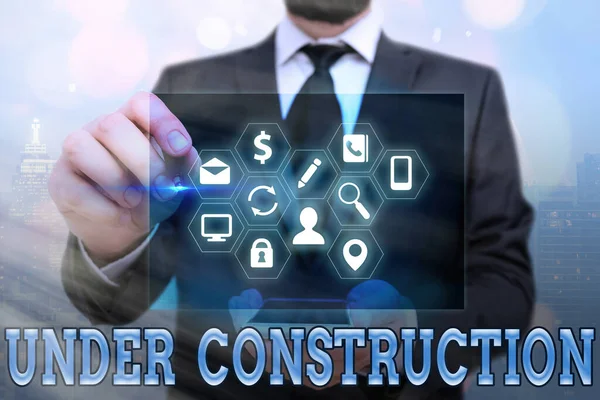 Word writing text Under Construction. Business concept for building that is unfinished but actively being worked on Information digital technology network connection infographic elements icon. — Stock Photo, Image