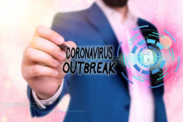 Почерк написания текста Coronavirus Outbreak. Концепция, означающая инфекционное заболевание, вызванное недавно обнаруженным замком COVID19 . — стоковое фото