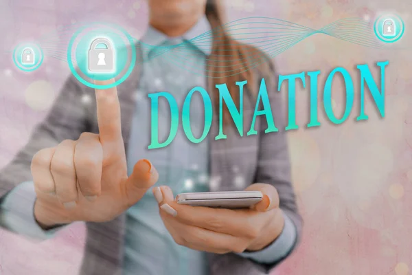 Ecriture conceptuelle montrant Donation. Texte photo d'affaires quelque chose qui est donné à un organisme de bienfaisance, en particulier une somme d'argent cadenas graphique pour le système d'application de sécurité des données Web. — Photo