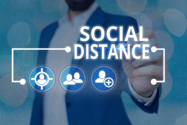 Szövegírás Social Distance. Üzleti koncepció a közegészségügyi biztonság magas intervallumos fizikai távolságának fenntartására Információs digitális technológiai hálózati kapcsolat infografikai elemek — Stock Fotó