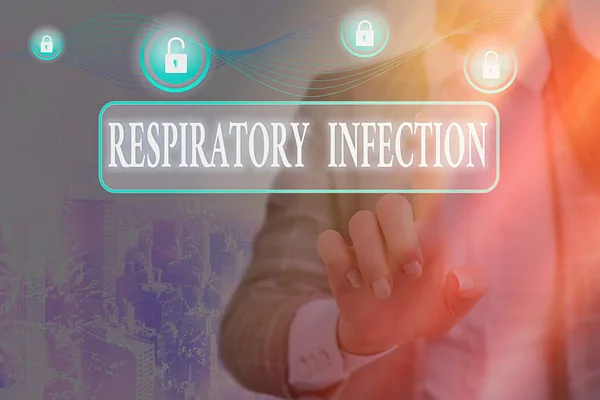 Writing note showing Respiratory Infection. Business photo showcasing any infectious disease that directly affects the normal breathing Graphics padlock for web data information security application — Stock Photo, Image