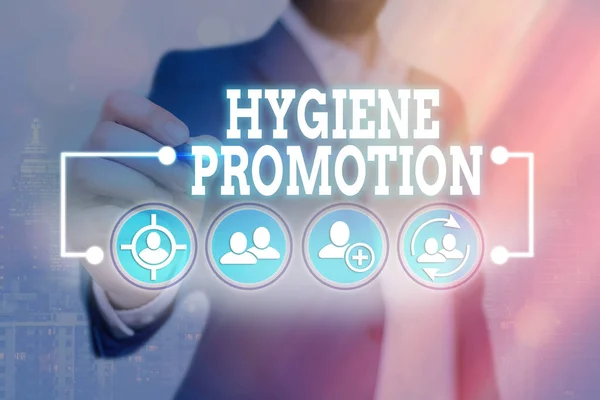 Word writing text Hygiene Promotion. Geschäftskonzept für ein systematisches Programm zur Vorbeugung von Krankheiten im Zusammenhang mit sanitären Einrichtungen Information digital technology network connection infographic elements icon. — Stockfoto