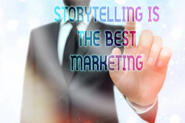 写便条表明讲故事是最好的营销。展示公司有效营销方法的商业照片. — 图库照片
