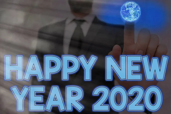 Χειρόγραφο κείμενο που γράφει Καλή Χρονιά 2020. Έννοια που σημαίνει εορτασμός της αρχής του ημερολογιακού έτους 2020 Στοιχεία αυτής της εικόνας που παρέχεται από τη NASA. — Φωτογραφία Αρχείου