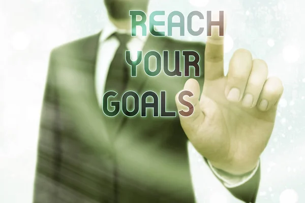 Writing note showing Reach Your Goals. Business photo showcasing Business and success, Focus with determination to build your future. — Stock Photo, Image