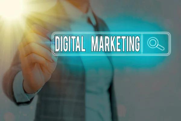 Nota de Escritura que muestra Marketing Digital. Promoción de productos o marcas utilizando dispositivos electrónicos . — Foto de Stock