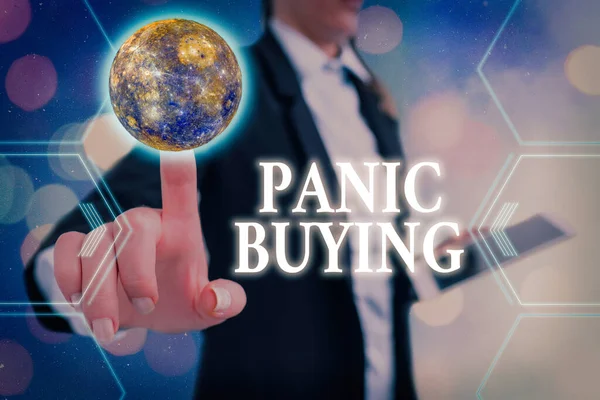 Написано текст "Panic Buying". Концепт означає купівлю великої кількості через раптовий страх перед нестачею футуристичних ікон у сонячній системі. Елементи цього зображення, надані НАСА.. — стокове фото