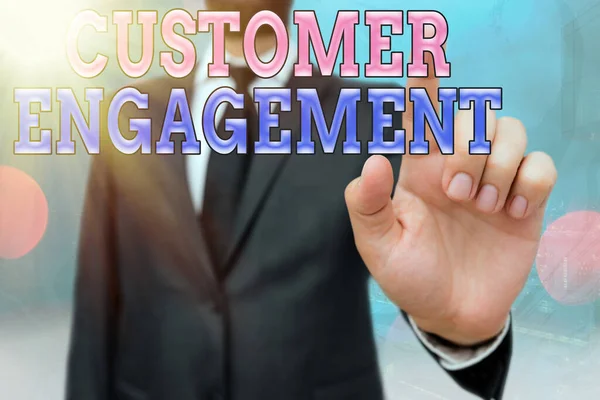 Writing note showing Customer Engagement. Business photo showcasing communication connection between a consumer and a brand Touch screen digital marking important details in business.