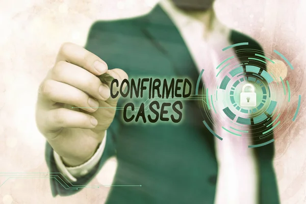 Handschriftliches Textschreiben bestätigte Fälle. Konzeptionelle Foto-Reihe von Umständen oder Bedingungen, die Maßnahmen erfordern Grafik-Vorhängeschloss für Web-Datensicherheit-Anwendungssystem — Stockbild Handschriftliches Textschreiben bestätigte Fälle. Konzept bedeutet eine Reihe von Umständen oder Bedingungen, die Maßnahmen erfordern Grafik-Vorhängeschloss für Web-Dateninformationssicherheitsanwendungssystem. — Stockfoto