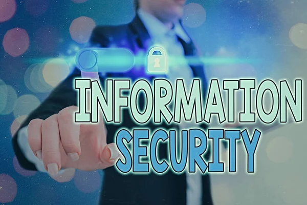 Konceptuell handstil som visar informationssäkerhet. Företagsfoto visar upp skyddas mot olaglig användning av information Grafik hänglås för webbdata säkerhet applikationssystem. — Stockfoto