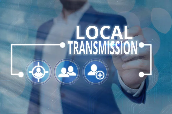 Tekst schrijven Lokale transmissie. Business concept voor clusteracquired infectie gevallen afkomstig van een bepaalde locatie Information digital technology network connection infographic elements icon — Stockfoto