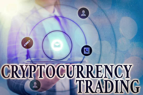 Szöveg jel mutatja Cryptocurrency Trading. Koncepcionális fotó törvény spekuláló ármozgások keresztül CFD számla Információs digitális technológia hálózati kapcsolat infografikai elemek ikon. — Stock Fotó