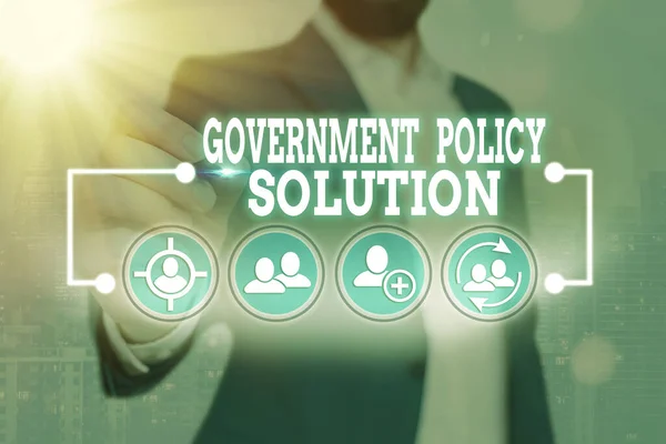 Word writing text Government Policy Solution. Business concept for designed game plan created in response to emergency disaster Information digital technology network connection infographic elements