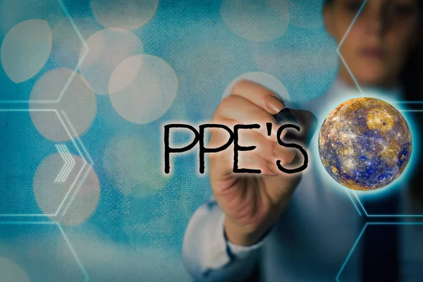 Ppe 의 글자를 쓰는 것은 간단하다. 개념은 건강 과 안전의 위험으로부터 보호하기 위한 특수 장비를 의미하며, 태양계의 미래적 아이콘이다. NASA 가 제공 한 이형상의 요소들. — 스톡 사진