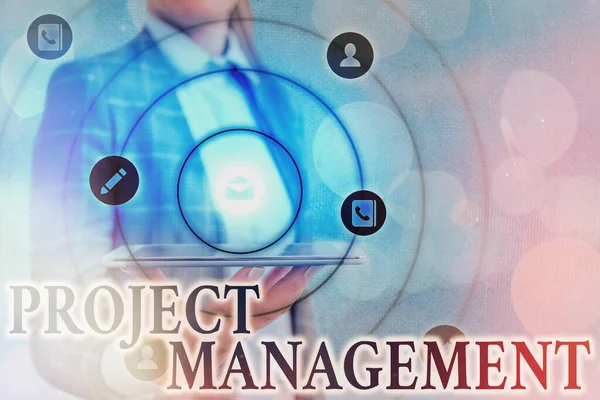 Tekstbord met Project Management. Conceptuele fotopraktijk van het werk van een team om specifieke doelen te bereiken Information digital technology network connection infographic elements icon. — Stockfoto