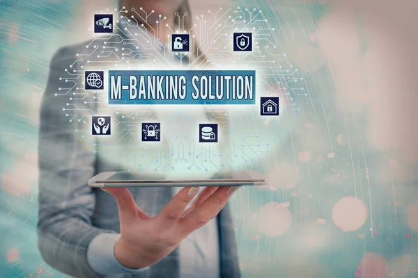 Koncepcionális kézírás M banking megoldásról. Üzleti fotó bemutató magatartás pénzügyi tranzakció távolról mobil eszköz. — Stock Fotó