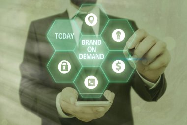 Brand On Demand 'ı yazan el yazısı metinleri. Konsept, doğrudan farkındalık ve tüketicilere fayda sağlayan ürün veya hizmetler anlamına gelir.