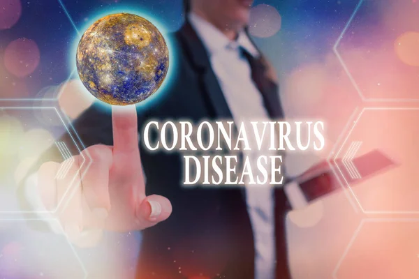 Tekst pisma do Coronavirus Disease. Koncepcja oznaczająca chorobę spowodowaną przez nowego wirusa SARSCoV2 Futurystyczne ikony Układu Słonecznego. Elementy tego obrazu dostarczone przez NASA. — Zdjęcie stockowe