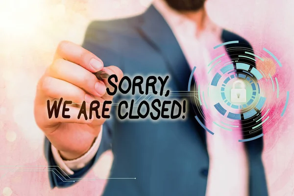Handwriting text writing Sorry, We Are Closed. Concept meaning apologize for shutting off business for specific time Graphics padlock for web data information security application system. — Stock Photo, Image