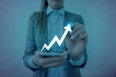 Erkek Akıllı Telefon Yükselen Eğilimler Performans Çubuğu Grafik Geliri Artırıyor. Yükselen Artan Hareket, Yükselen Finansal Hisse Çizelgesi Durum Raporu Gösteriliyor.