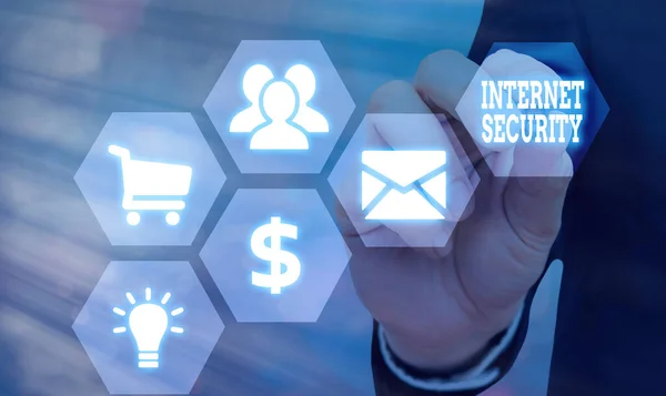 Handschrift tekst Internet Security. Concept betekent proces om te beschermen tegen aanvallen via het internet. — Stockfoto