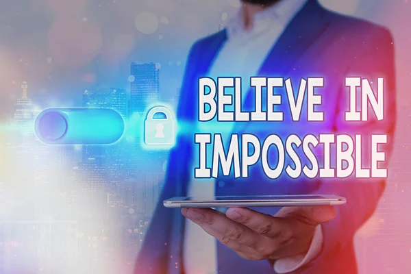 Handwriting text Believe In Impossible. Concept meaning motivation and inspiration that you can make it happen. — Stock Photo, Image