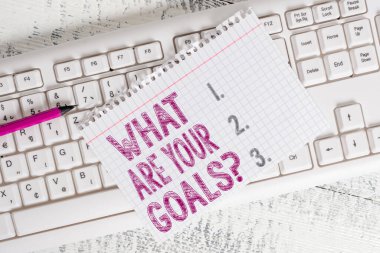 Hedeflerinizin Sorusu 'nu gösteren bir not yazıyorum. Geleceğin Vizyon Misyonu Klavye ofisi için iş fotoğrafı gösterimi dikdörtgen şekilli kağıt hatırlatıcı ahşap.