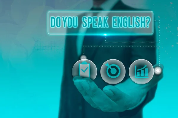 Εγγραφή σημειώματος που δείχνει Μιλάς Αγγλικά Ερώτηση. Επαγγελματική φωτογραφία που δείχνει αν ένα άτομο μπορεί να πει αγγλικά. — Φωτογραφία Αρχείου