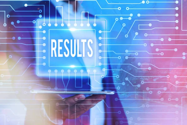 Sonuçları gösteren metin işareti. Açıklanan eylem veya olayların dizisinin kavramsal fotoğraf nihai sonucu.