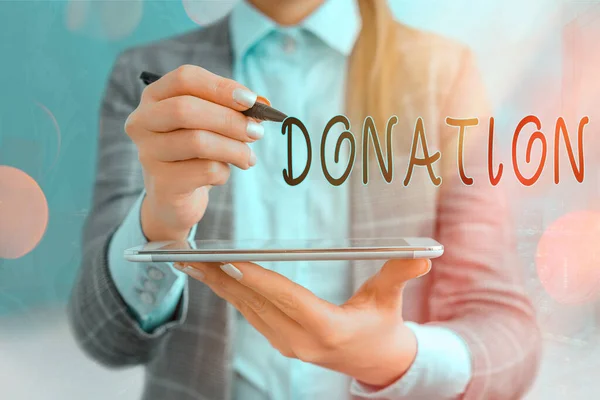 Znak tekstowy pokazujący darowiznę. Fotografia konceptualna robienie prezentów zwłaszcza dla instytucji charytatywnych lub publicznych. — Zdjęcie stockowe