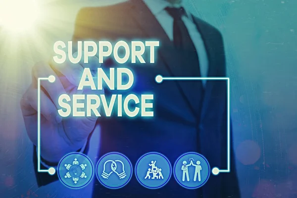 Writing note showing Support And Service. Business photo showcasing Technical Assistance Customer Service Business Technology Internet. — Stock Photo, Image