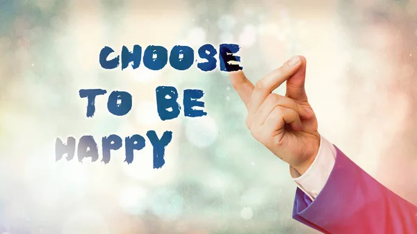 행복하기를 선택하는 것을 보여 주는 손 글씨이다. 역경 속에서 도 긍정적 인면을 비추어 놓은 사업 사진 문자. — 스톡 사진