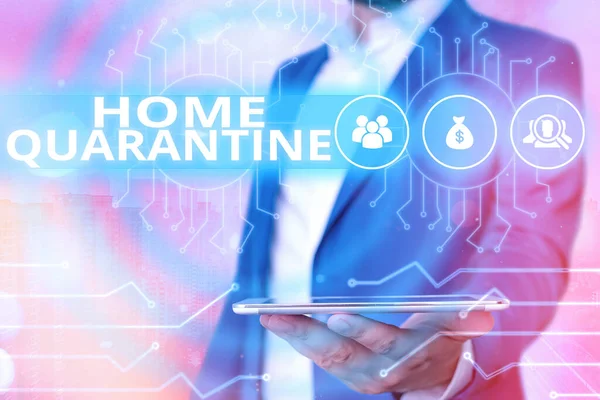 Text sign showing Home Quarantine. Conceptual photo Encountered a possible exposure from the public for observation System administrator control, gear configuration settings tools concept. — Stock Photo, Image