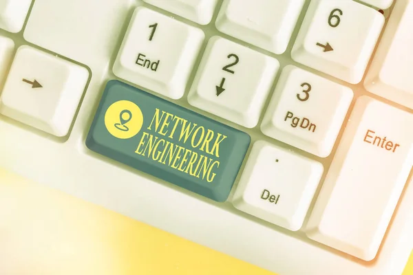 Writing note showing Network Engineering. Business photo showcasing professional who has the skills to oversee the net.