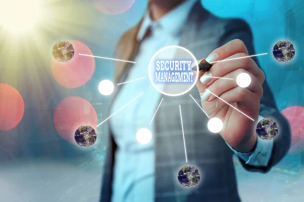 Konceptuell handskrift som visar Security Management. Business photo text är identifieringen av en organisation s är tillgångar Delar av denna bild som tillhandahålls av NASA. — Stockfoto