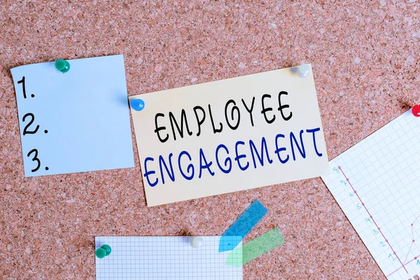Word writing text Employee Engagement. Business concept for extent to which workers feel passionate about their jobs Corkboard color size paper pin thumbtack tack sheet billboard notice board.