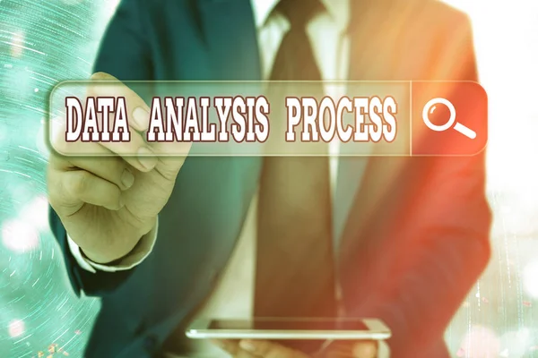 Schrijfnotitie met Data Analysis Process. Zakelijke foto presentatie bouwen van een dashboard en analyseren met grafieken en visualisatie. — Stockfoto