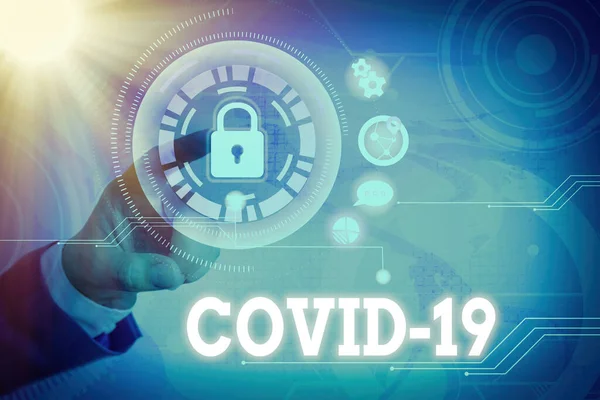 Texte textuel Covid19. Concept d'affaires pour les maladies respiratoires légères à graves causées par un coronavirus Cadenas graphique pour le système d'application de sécurité des données Web. — Photo