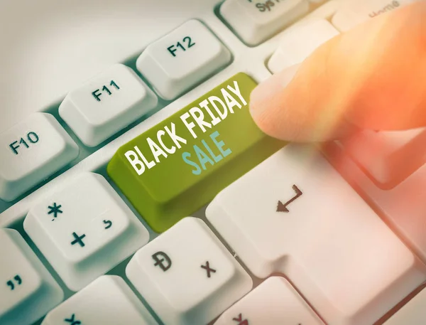 Writing note showing Black Friday Sale. Business photo showcasing Attract the buyers with Exclusive product s is lower price. — Stock Photo, Image