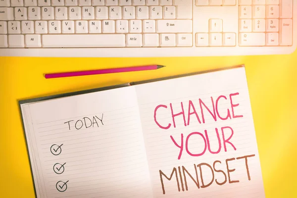 Writing note showing Change Your Mindset. Business photo showcasing Personal development and career growth alteration Copy space on notebook above yellow background with keyboard on table. — Stock Photo, Image