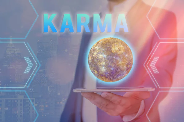 Handschrifttekst Karma. Concept betekent som van individuele acties in deze en vorige bestaanstoestanden Elementen van dit beeld geleverd door NASA. — Stockfoto