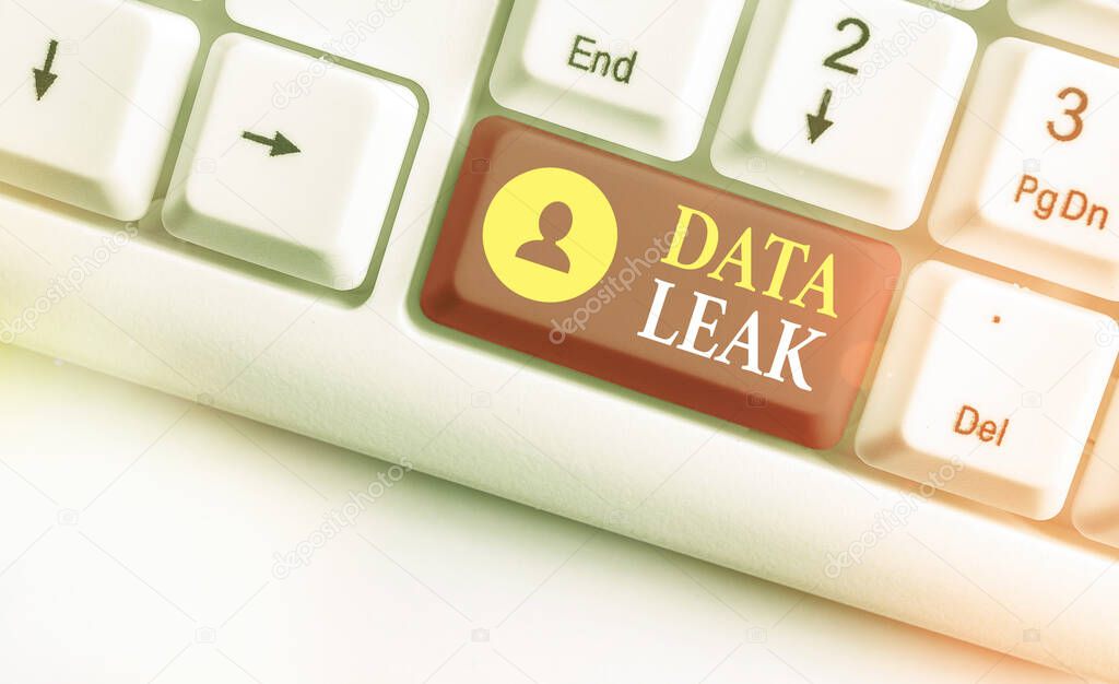 Conceptual hand writing showing Data Leak. Business photo showcasing released illegal transmission of data from a company externally.