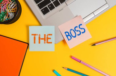 Patronu gösteren bir not yazıyorum. Otoriteye sahip bir iş fotoğrafı sergisi ve bir baş dizüstü bilgisayar olarak organizasyondan sorumlu notlar kap not defterleri kalem işaretleri renkli arkaplan.