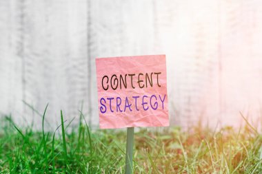 İçerik Stratejisini gösteren kavramsal el yazısı. Ticari fotoğraf metni önemli pazarlama yaklaşımı alıcı düz kağıt çekmek için dağıtıldı yapışır ve çimenli arazi yerleştirilir.