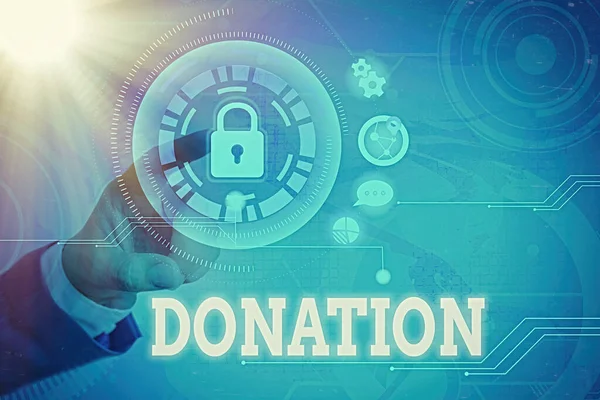 Pisanie tekstu Darowizna. Koncepcja biznesowa dla czegoś, co jest przekazywane organizacji charytatywnej, zwłaszcza sumy pieniędzy Grafika kłódka dla systemu bezpieczeństwa danych internetowych aplikacji bezpieczeństwa informacji. — Zdjęcie stockowe
