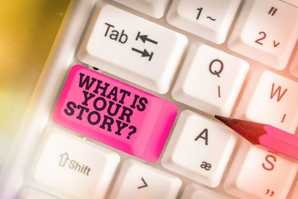 Handschrift tekst Wat is uw verhaal vraag. Concept betekent vragen over bedrijfsgeschiedenis en merk. — Stockfoto