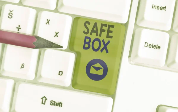 Conceptual hand writing showing Safe Box. Business photo showcasing a metal deposit locker where valuable documents are being stored. — Stock Photo, Image