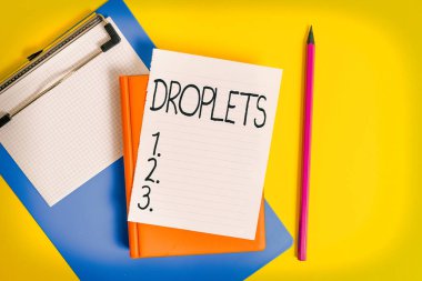 Damlacıklar 'ın el yazısı. Bir sıvının çok küçük bir damlası anlamına gelen kavram belirli ıslak yerlerde boş kağıt yığınında masanın üzerinde kopya alanı ile bulunabilir..